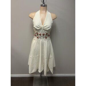 VTG Dress Medium Halter Smocked Asymmetrical Handkerchief Embroidered Floral